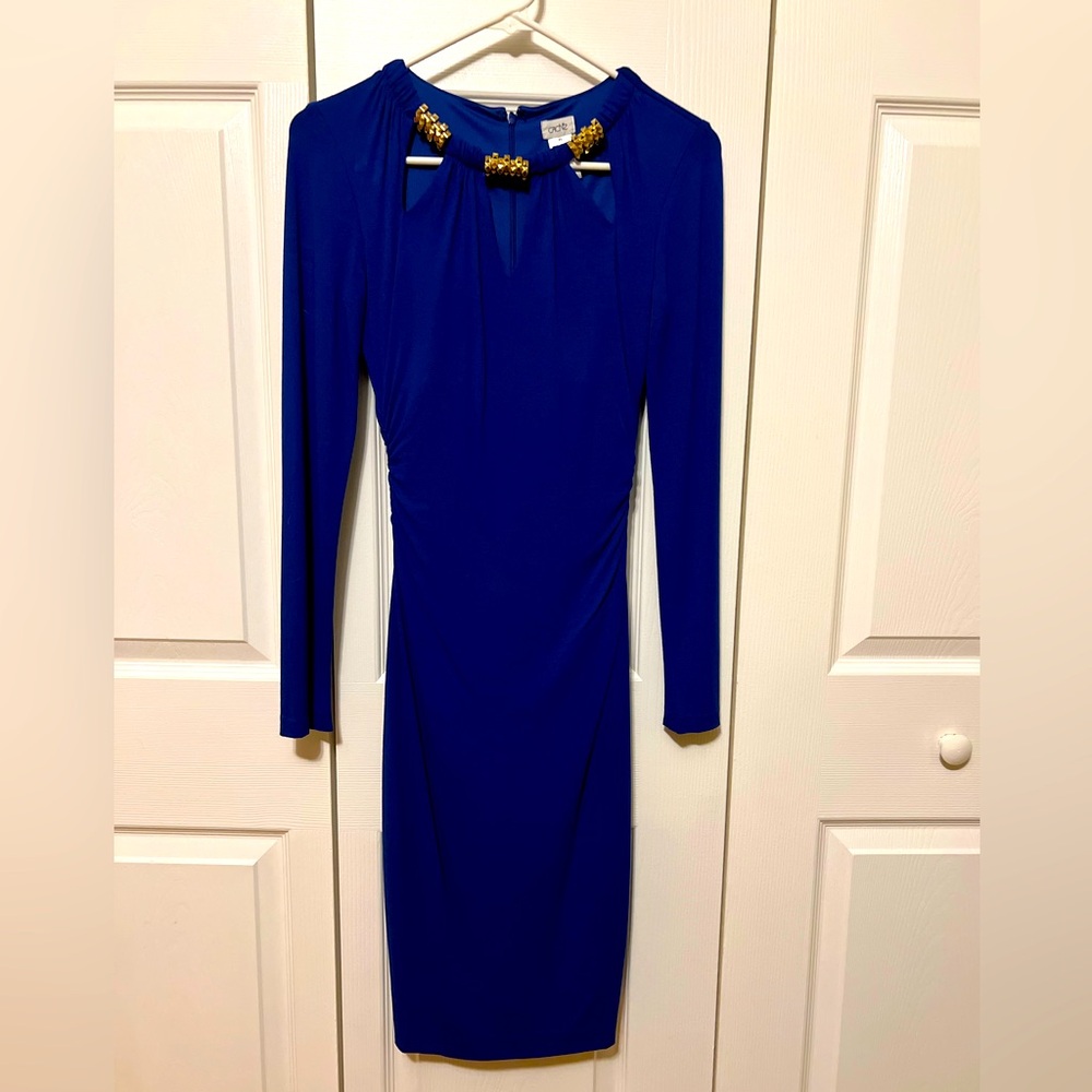 Caché royal blue classy party dress with gold trim detail. XS.
